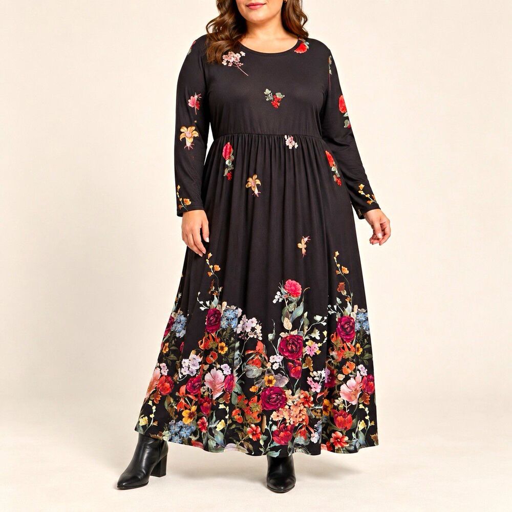 Women’s 3XL Black Floral Round Neck Long Sleeve Maxi Dress Pleated Stretch Knit